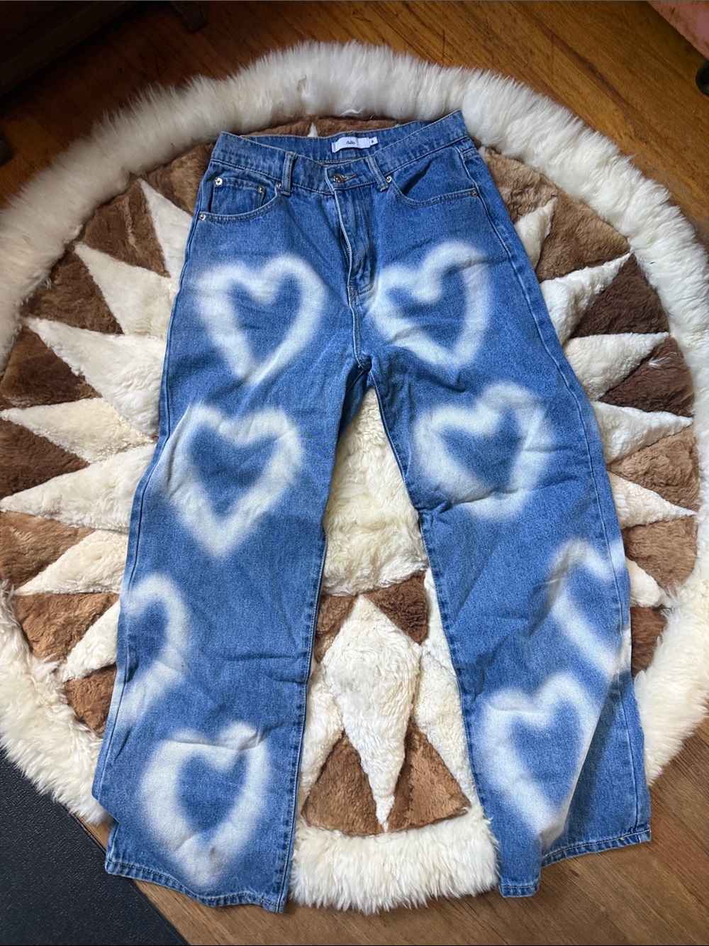 Adika Blue Heart Spray-Print Women’s Jeans size medium high waisted wide leg